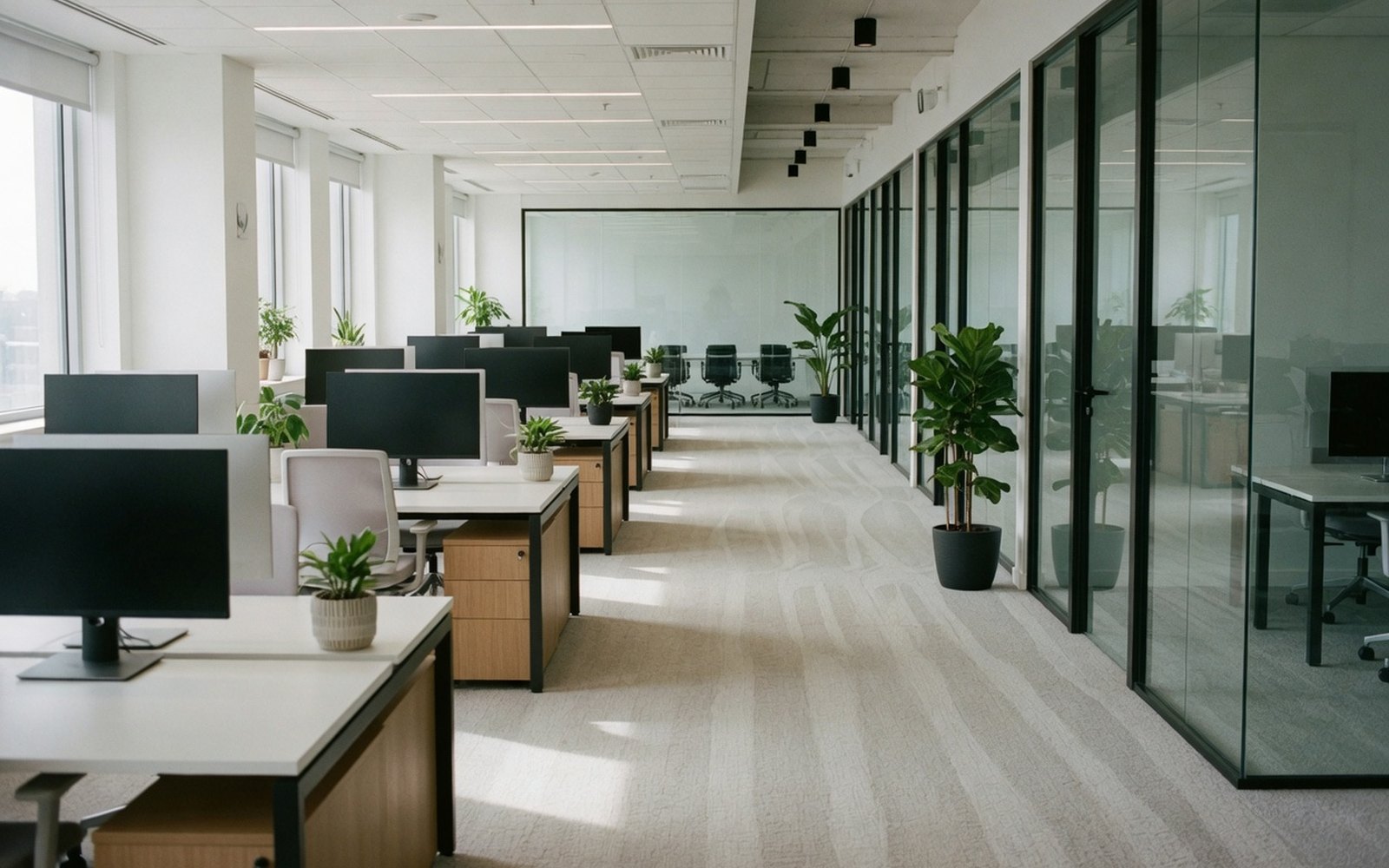 An empty office after hours, one monitor still glowing