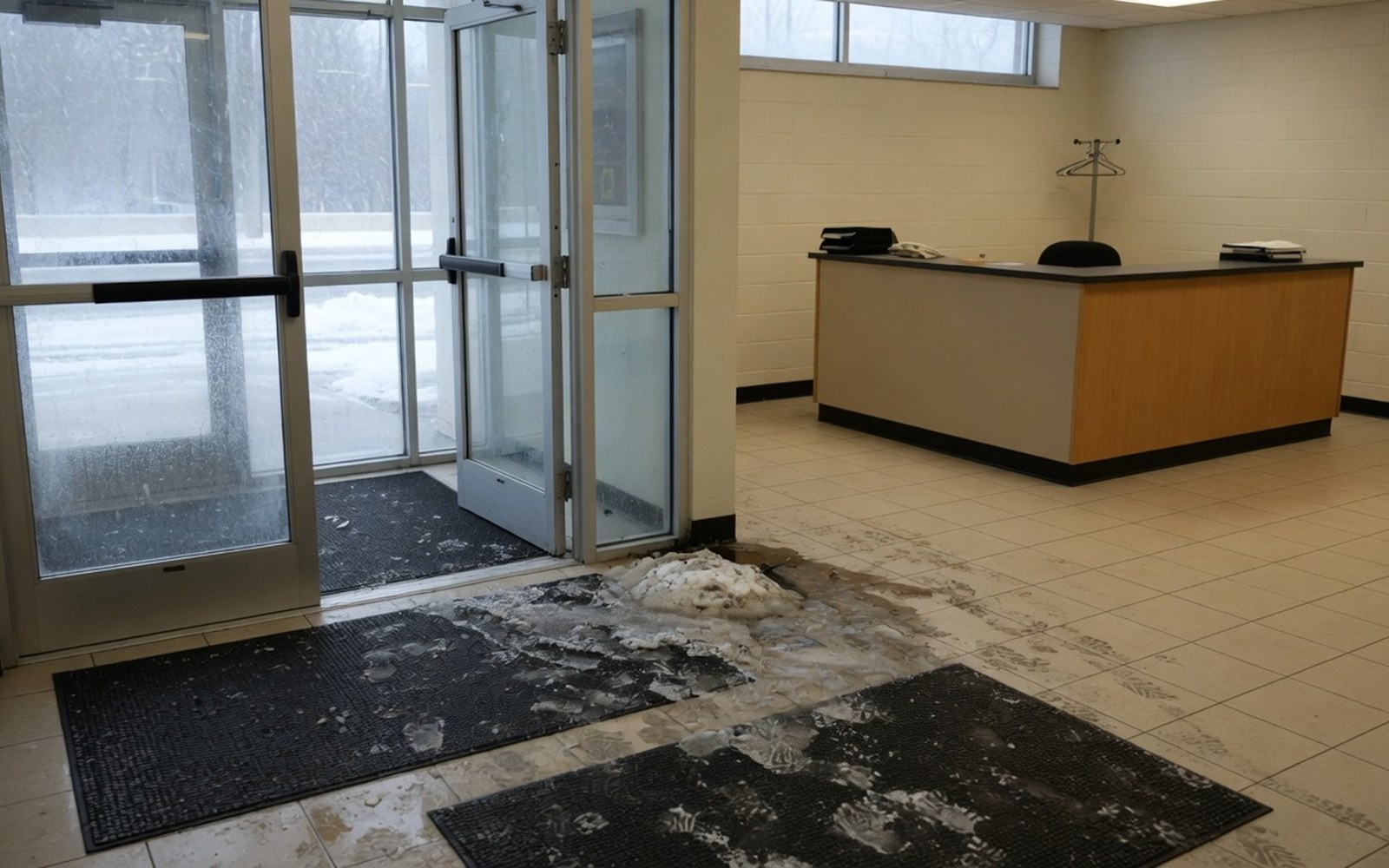 Wet entrance mats and tracked salt in a Western Massachusetts office lobby