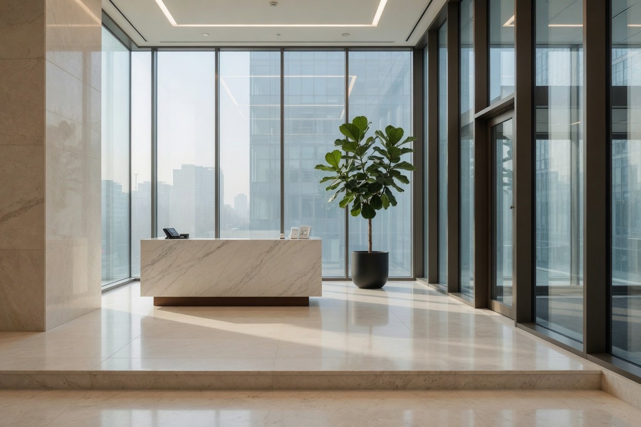 A commercial lobby with a marble desk and a polished floor