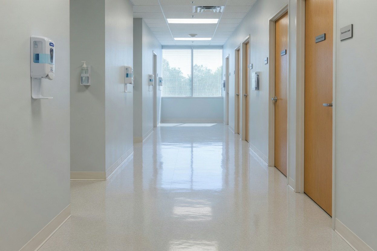 A quiet medical practice corridor after close