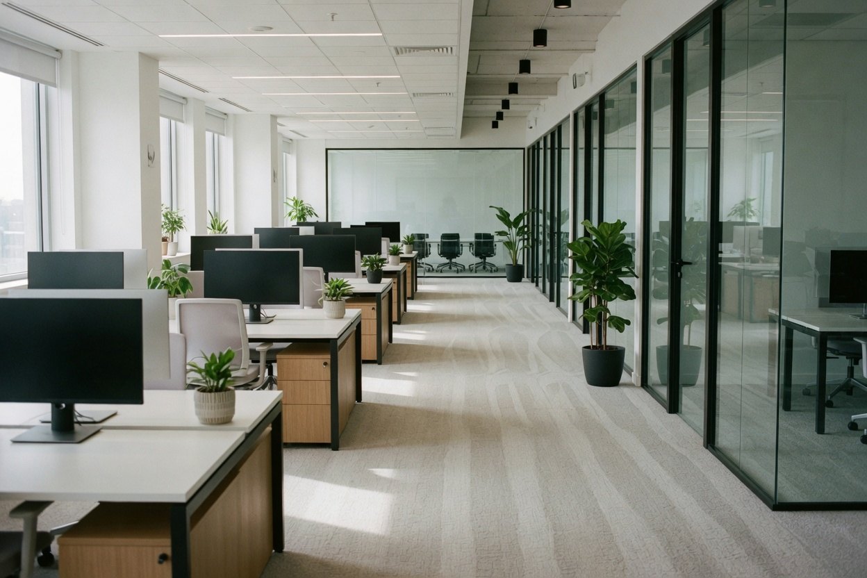 A clean open-plan office ready for the workday
