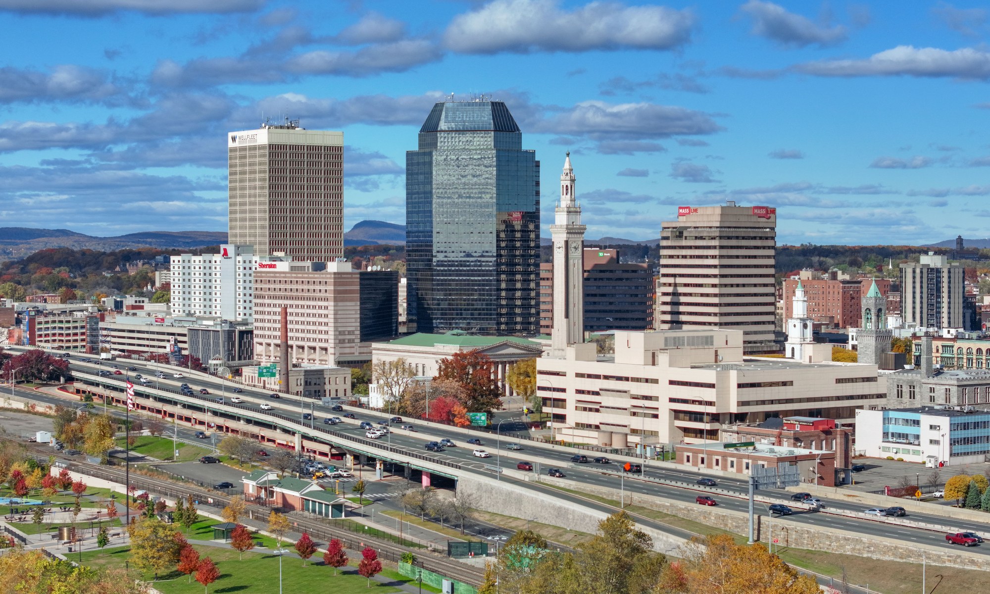 Springfield, Massachusetts skyline with the Campanile, looking across the city